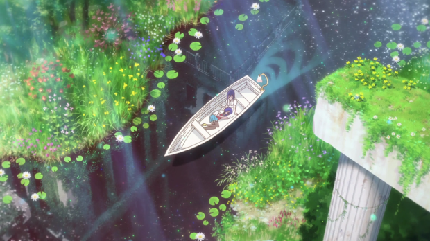 mimi and cocona flip flappers episode 11, mimi is cocona's mother flip flappers, flip flappers mimi and cocona together in a boat, mimi and cocona flip flappers